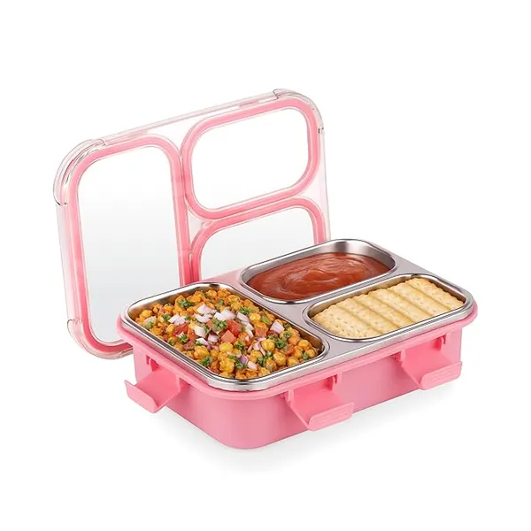 ATTRO Trio Meal Stainless Steel Lunch Box with 3 Partition, Microwave Safe, Airtight Leakproof Silicone Seal Lid, BPA-Free Food Grade Tiffin Box for Office School Kids – 600ml – Pink