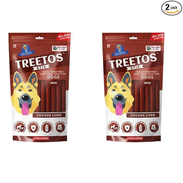[Mrp Error] Dr. Pets Pack of 2 (85g Each) Treetos Chicken Stix Dog Treats | Chicken Liver Flavour | Soft Chew Sticks for Puppies & Adult Dogs | Training Reward Treat | Easy to Digest | Pouch Pack Rs.185 @ Amazon