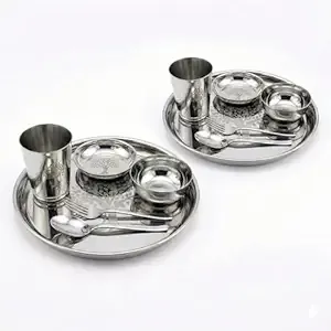 Human Hydro Stainless Steel Thali Dinner Set | 12-Piece: 2 Plates, 2 Bowls (Katoris), 2 Side Plates, 2 Glasses, 2 Spoons & 2 Forks | Food-Grade, Rust-Free, Mirror Finish | Dishwasher Safe