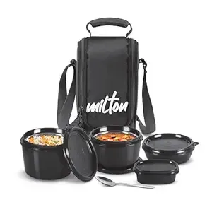 Milton Pro Munch Tiffin (3 Microwave Safe Inner Steel Containers,180/320/450/100ml; 1 Plastic Chutney Dabba; Steel Spoon) with Insulated Fabric Bag, Black, Leak Proof, Odour Proof, Easy to Carry