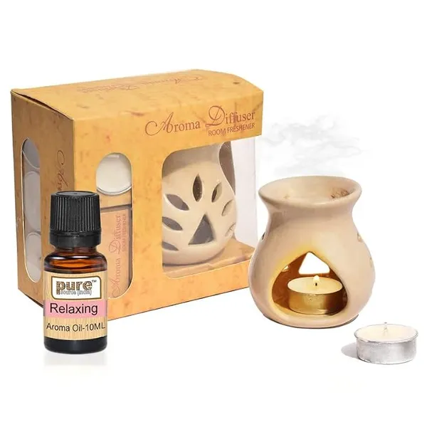 [Apply 3% Coupon] Pure Source India Ceramic Aroma Burner 10 ML Relaxing Aroma Essential Oil with 4 Tea Light Candles, Gift This Diwali