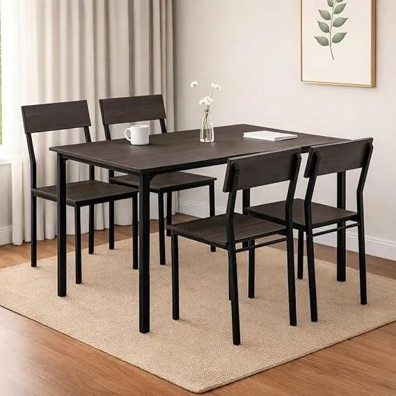 [Coupon + HDFC CC ] Dining Table Set of 4, 4 Seater Dining Table with Chairs, Engineered Wood Top & Metal Frame, Space Saving Compact Rectangular Dining Table for Home & Kitchen (Dark Maple- DIY)