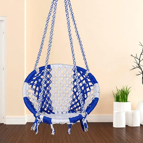 Patiofy Cotton Netted Round Large Swing for Adults/Swing for Balcony/Swing Chair for Adults for Home/Hammock Swing for Adults/Swing Chair Wooden/Without Hanging Kit(120Kgs Weight Capacity White-Blue)