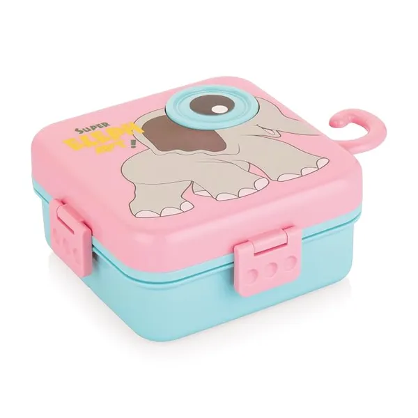 ATTRO Festive Super Elephant Lunch Box 2 Layer Plastic Lunch Box Comes with 1 Detachable Tray, 1 Small Container & 1 Spoon Ideal for Kids BPA Free 1590ml+70ml- Pink