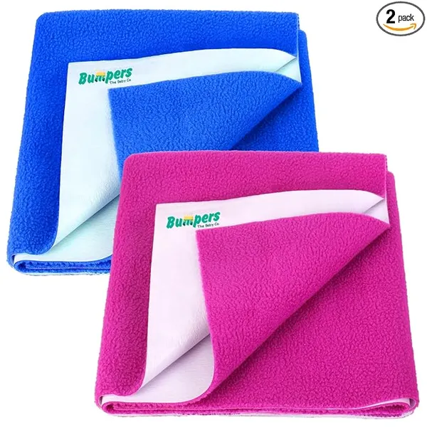 (Min Buy 2) Bumpers Anti-Piling Fleece Extra Absorbent Instant Dry Sheet for Baby, Baby Bed Protector, Waterproof Sheet,Quick Dry Sheet for Baby Small Size 50x70cm(Small Combo (70 x 50 cm), Rani Pink+Royal Blue)