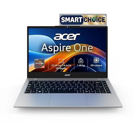 [Apay ICICI NC EMI] Acer Smartchoice Aspire One, AMD Ryzen 5-40, 8GB LPDDR5 RAM/ 512GB SSD, 14.0"/35.56cm WXGA Display, Win 11 Home, Pure Silver, 1.48KG, A114-43, Thin and Light Laptop