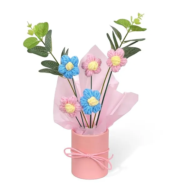 Cortina 1pcs Artificial Crochet Flower Bouquet/Artificial Flowers Bunch/Crochet Flowers Bouquet/Crochet Flowers/Flowers Bouquet Gift for Girls Home Decor,Gifting,etc. (Blue)