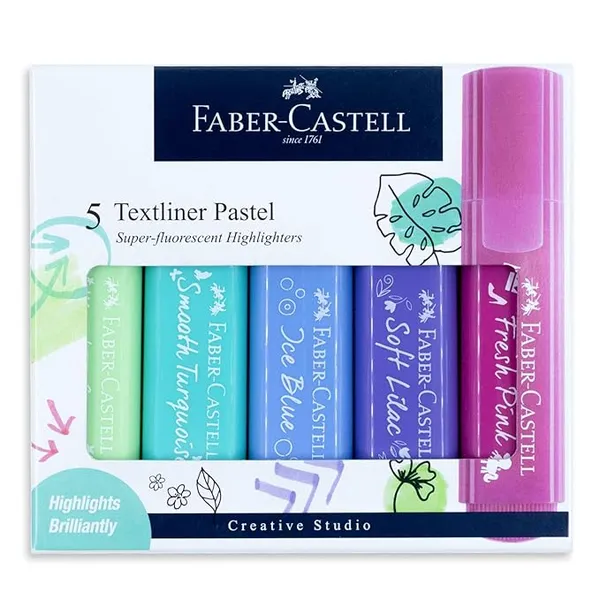(Min Buy 2) Faber-Castell Pastel Textliner Pen Set – Pack of 5 Assorted Colours | Highlighter Markers for Study, Journaling & Doodling | Stationery Essential for Students