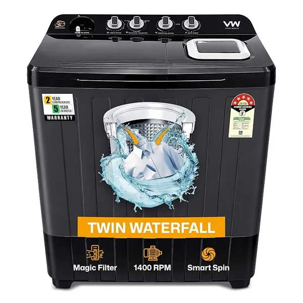 [Amazon Pay ICICI CC Cashback] VW Visio World 10.5 kg 5 Star Semi Automatic Top Load Washing Machine, Wings Pulsator Technology, Hydro-Max0010P, Black