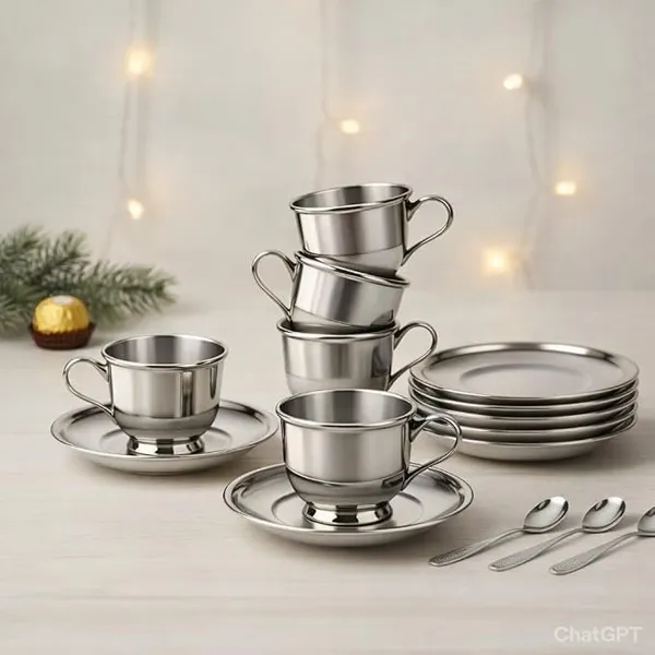 [Apply 40% Coupon] Tableware Stainless Steel Cups and Saucer with Spoon, 180 ml Tea Cup Set of 6 Cup and Saucer Set for Tea Milk & Coffee Chai, Tea Cup Set Lattee Cups
