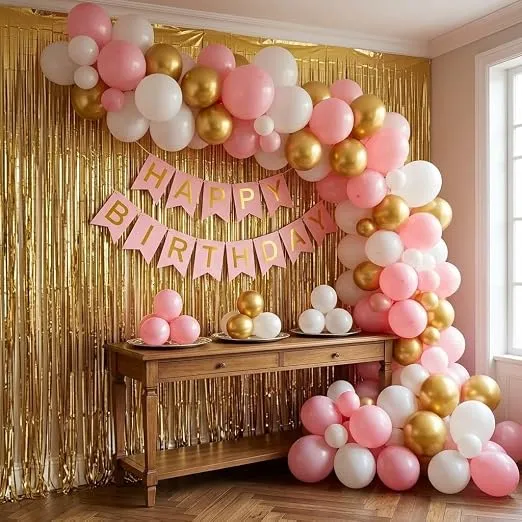 W&F Pink, Gold, White Birthday Balloons, Banner, Curtain & Ribbons Set of 52pcs for Girls & Women Rs.160 @ Amazon