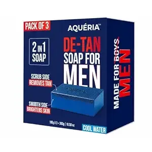 Aqueria De-Tan & Brightening 2-in-1 Bath Soap for Men | Cool water perfume | Tan Removal, Skin Brightening & Gentle Exfoliation | Dual-Sided Scrub & Smooth Soap | Deep Cleansing Face & Body Soap for Hydrated, Smooth & Fresh-Looking Skin | Cool Water