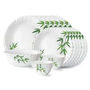 Larah by Borosil Bamboo Leaves Fluted Series Opalware Dinner Set | 27 Pieces for Family of 6 | Microwave & Dishwasher Safe | Bone-Ash Free | Crockery Set for Dining & Gifting | Plates & Bowls | White