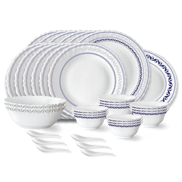 Larah by Borosil Jazzblue Fluted Series Opalware Dinner Set | 33 Pieces for Family of 6 | Microwave & Dishwasher Safe | Bone-Ash Free | Crockery Set for Dining & Gifting | Plates & Bowls | White Rs.1395 @ Amazon