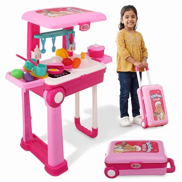 Lifelong Kitchen Set for Kids 3+ Years|28 Pcs Portable Suitcase Kitchen Playset with Light & Sound | Pretend Play Cooking Stove, Pots, Pans, Utensils & Play Food | Birthday Gift for Girls-Boys (Pink)