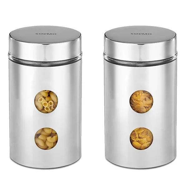 Amazon Brand - Solimo Drip Window Steel Jacketed Glass Jars | Set of 2 | Multipurpose Kitchen Organizer with See-Through Window | 1200 ml | Silver