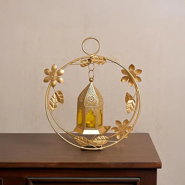 MARKET 99 Golden Wreath Lantern T-Light Candle Holder | Metal & Yellow Glass Votive Stand for Diwali Decoration Items | Decorative Table Centerpiece for Home, Office, Christmas, Wedding & Gifting