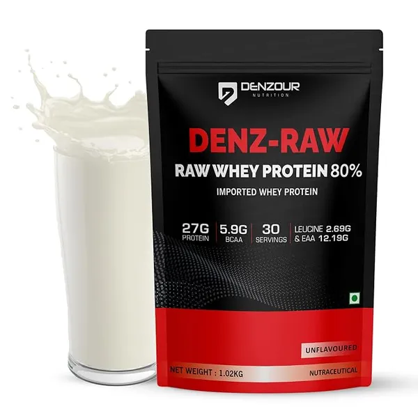 [HDFC NC EMI] Denzour Nutrition Imported Whey Protien Powder - 1Kg (2.2lbs), Unflavoured | Lab Tested Whey | 27g Protein + 5.9g BCAA with Digestive Enzymes | Easy Mix | Muscle Growth & Recovery | 30 Servings Per Pack