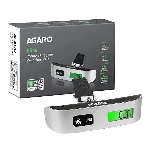 AGARO Elite Portable Luggage Weighing Scale Upto 50 Kg Capacity, Zero/Tare Functions with LCD Backlit Display for Home, Travel, Flights, Bags