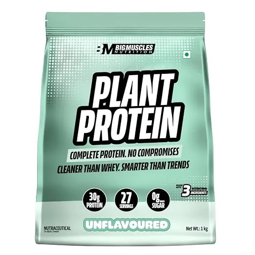 Bigmuscles Nutrition Clean Plant Protein | 30g Pea & Rice Protein Isolate Per Serve (1kg, Unflavoured) | Complete Amino Acid Profile | Easy Digestion & Non-Chalky