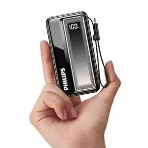 Philips 10000mAh 30W Max Fast Charging Power Bank (Dark Slate) with Built-in Cable | Type-C Input/Output | 3 Output Ports | Lithium Polymer | Portable for Mobile, Tablet & Earbuds