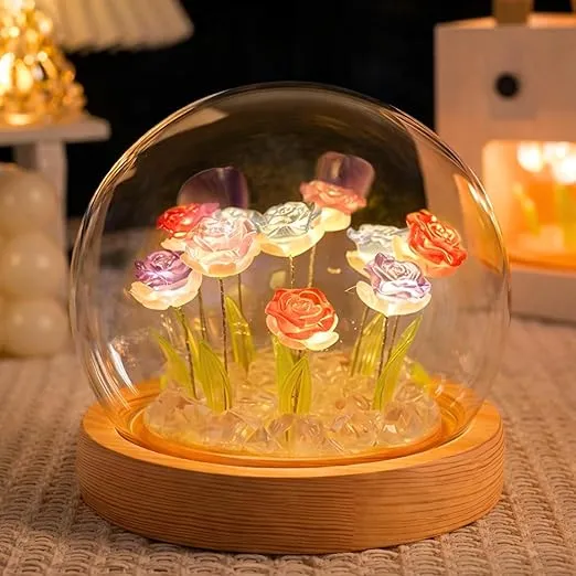 One94Store Rose LED Night Lamp | Wooden Base Round Table Light with 9 Dual-Shade Artificial Flowers Multi & White | Decorative Night Light for Bedroom, Home Décor, Party & Gift