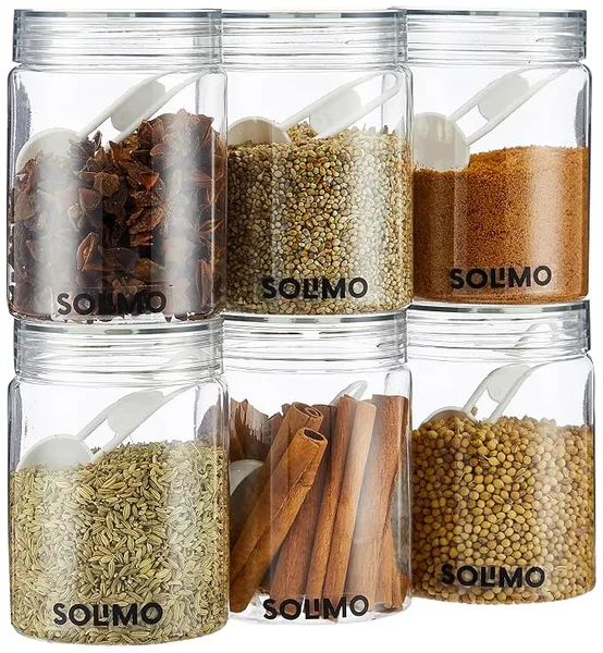 Amazon Brand - Solimo Plastic Storage Jar & Containers Set With Spoon | Air Tight & BPA Free | Kitchen Container Set | Multipurpose Jar | 500 ML Set 6 (Transparent)