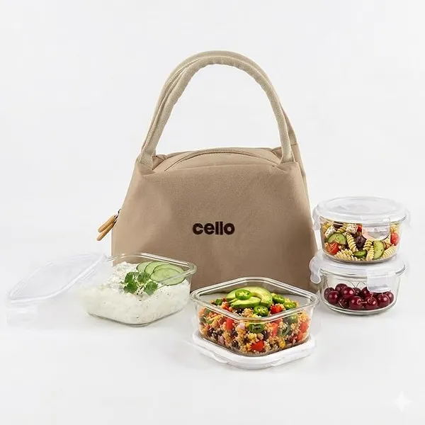 CELLO Alba Glass Lunch Box with Bag for Office Use, Beige | 2 x 320ml Square + 2 x 240ml Round Microwave Safe Containers with Spoon & Fork, Fridge Safe Leak Proof Airtight Tiffin Box Set for Travel