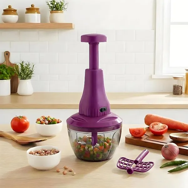 Chopper for Kitchen Use | 650 ml Round Push Chopper with 3 Blades and Whisker | Chopping Vegetables & Fruits, Onion, Ginger, Garlic, Salad, Tomato, Potato (Purple)
