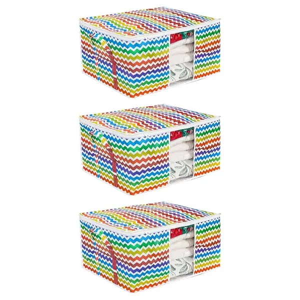 Pretty Krafts Set of 3 Non Woven Underbed Storage Bag with Handles, Clear Window & Zipper Lock | Quilt, Comforter & Blanket Cover Organiser | Foldable Cloth Storage Closet Bag (62x40x28cm, Multicolor)