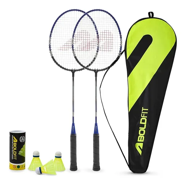 Boldfit Badminton Rackets Aluminium Badminton Racket with Full Cover Bag Standard Shuttle Bat Match Shuttle Bats Lightweight Badminton Shuttle Bat Thunderbolt - Blue Set