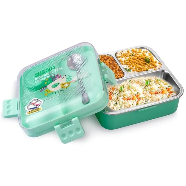 ATTRO Meal Box 2 Layer Stainless Steel Lunch Box Comes with 1 Detachable Tray, 1 Small Container & 1 Spoon Ideal for Kids BPA Free 1120ml+70ml- Sea Green