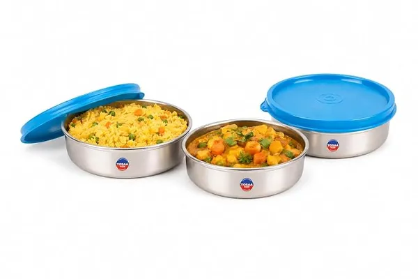 TOSAA Stainless Steel Sigma Container Small - 750 ml (Pack of 3) | Airtight & Leakproof Lid |Compact & Travel-Friendly | Easy to Carry | Perfect for Office, School & Home Use