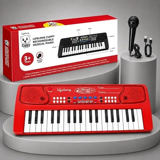 Lifelong Wireless Rechargeable Piano Keyboard for Baby & Kids with Mic, Single Speaker, Portable Keyboard Piano, Type C Charging, Long Battery Life Musical Keyboard Gift for 2-8 Yrs (LLCKMP02)
