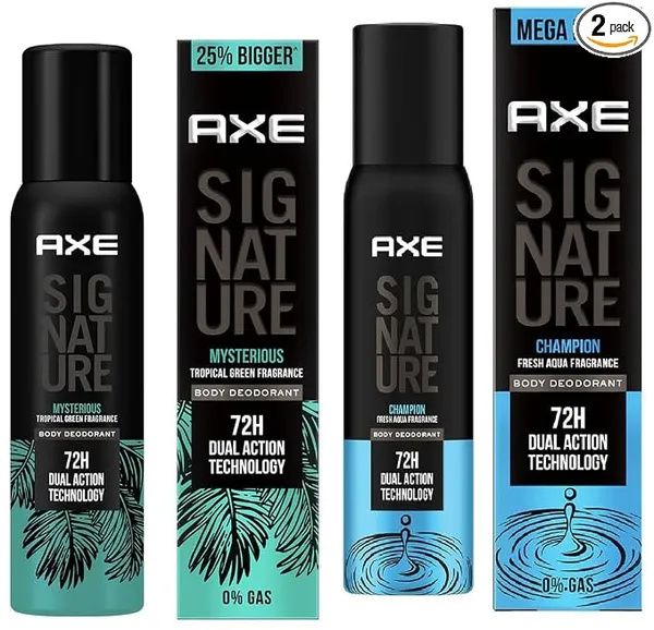 Axe Signature Champion Long Lasting No Gas Body Deodorant For Men 200 ml & Axe Signature Mysterious No Gas Deodorant Bodyspray For Men 154 ml Combo