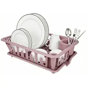 Lifelong Plastic Dish Drying Rack with Drain Tray, Kitchen Dish Drainer with Cutlery Holder, Utensil Organizer for Plates, Bowls & Cups (Pink)