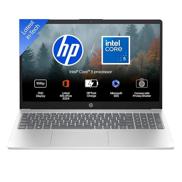 [ICICI / AXIS CC EMI] HP 15, Intel Core 5 120U (14th Gen) 8GB DDR4, 512GB SSD, FHD, Anti-Glare, Micro-Edge, 15.6''/39.6cm, Win11, M365(1yr)* Offic24, Silver,1.65kg, fd1444TU/fd1654tu, FHD Camera w/Shutter, Backlit Laptop