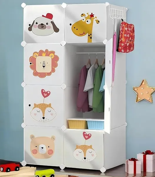 CoolLeaf Plastic Wardrobe for Kids, 8-Cubes Baby Cupboard for Bedroom with Hooks and Hanging Rail, Almirah Plastic Storage Baby Clothes/Toys/Books, Ideal Gift for Birthday,Children's Day,Cartoon White