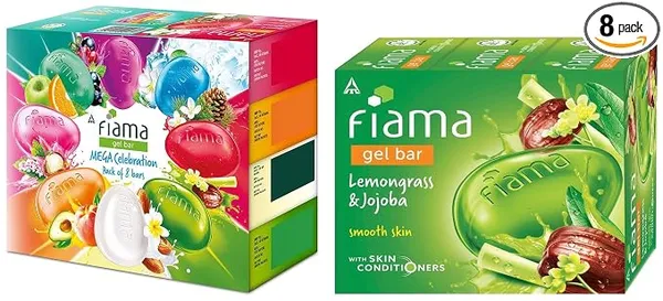 Fiama Gel Bathing Bar Mega Celebration Pack, With 8 Unique Gel Bars & Skin Conditioners, 125g Soap (Pack Of 8) & Fiama Gel Bar, Lemongrass And Jojoba 125g (Pack Of 3)