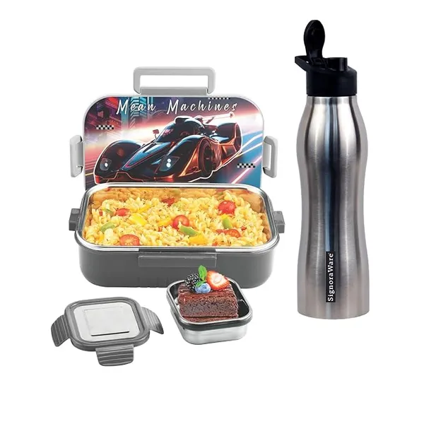 SIGNORA WARE Delight C Chipmunk Stainless Steel Printed Lunch Box Set for Kids | Airtight Clip Lock Lid | Compact & Sleek Size | Great for Picnics & Outdoors (850ml + 160ml + 750ml Bottle | Grey) Rs.469 @ Amazon