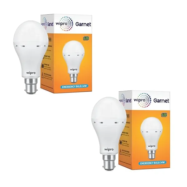 wipro Garnet 14W LED Emergency Bulb | Cool Day White (6500K) | B22 LED Bulb Base | Inverter Bulb for home, with 4 Hours battery back up| Li-ion Battery | Over charging Protection | Pack of 2