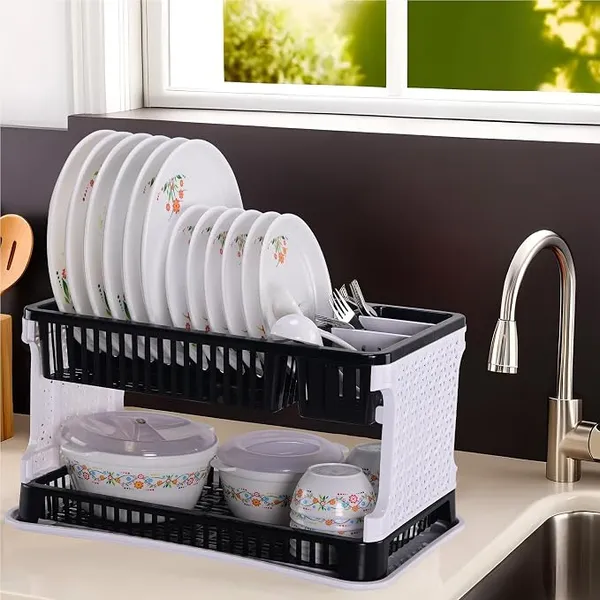 Kuber Industries Plastic 2 Tier Dish Drainer Rack for Kitchen | Kitchen Vessels Storage Rack | Bartan Stand | Drainer Drying Rack Washing Basket with Tray | Kitchen Utensils Organizer | Black & White Rs.446 @ Amazon