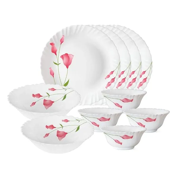Larah by BOROSIL Fluted Series Diana Opalware Dinner Set | 10 Piece for Family of 4 | Microwave & Dishwasher Safe | Bone-Ash Free | Crockery Set for Dining & Gifting | Plates & Bowls Floral | White