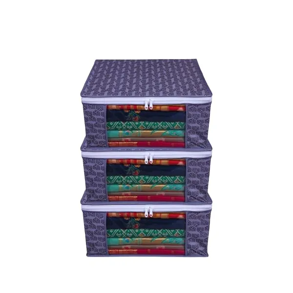 Wardrobe Organizer for Clothes - Pack of 3 Saree Cover Bags with Clear Window and Zipper, 13x16x8 inch Storage Box for Blankets, Bedding and Garments (Grey) Rs.99 @ Amazon