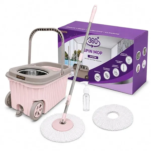 NOVITA 360° Spin Mop Bucket Set with Big Wheels | Premium Steel Jali Smart Wringer & Easy Rinse System | Telescopic Microfiber Mop, Soap Dispenser, 1+1 Refill | Floor Cleaning Mop for Home | Pocha