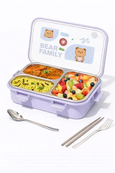 TEC TAVAKKAL Lunch Box 3 Compartment Leak Proof BPA Free Stainless Steel Bear Family Lunch Box for School and Office with a Fork, Spoon, Chopstick 750 ML (LB 8847 Bear Family Purple) Rs.379 @ Amazon