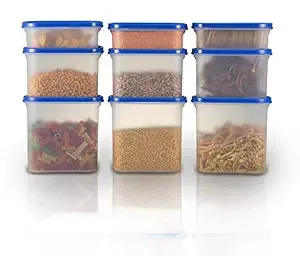 SIMPARTE Modular Airtight Kitchen Storage Container Set with Plain Lid 1800ml x 3, 1200ml x 3, 525ml x 3 (Peppy Blue, Set of 9)