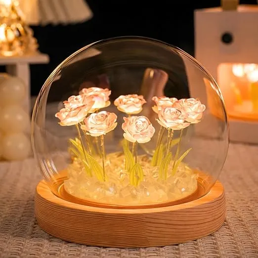 One94Store Rose LED Night Lamp – Wooden Base with 9 Artificial Dual-Color Flowers Pink & White, Table Decoration Light for Bedroom, Romantic Decor & Valentine Gift