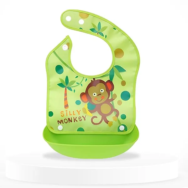 (Min Buy 2) BEMBIKA Baby Feeding Essential Baby Feeding Bib Silicone Tableware Waterproof, Washable Lightweight And Ideal For Feeding Baby & Toddlers-(Monkey Green)