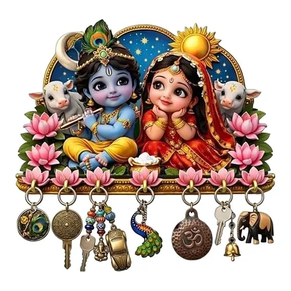Khusansh Craft Wooden Bal Radha Krishna Key Holder, Multicolour